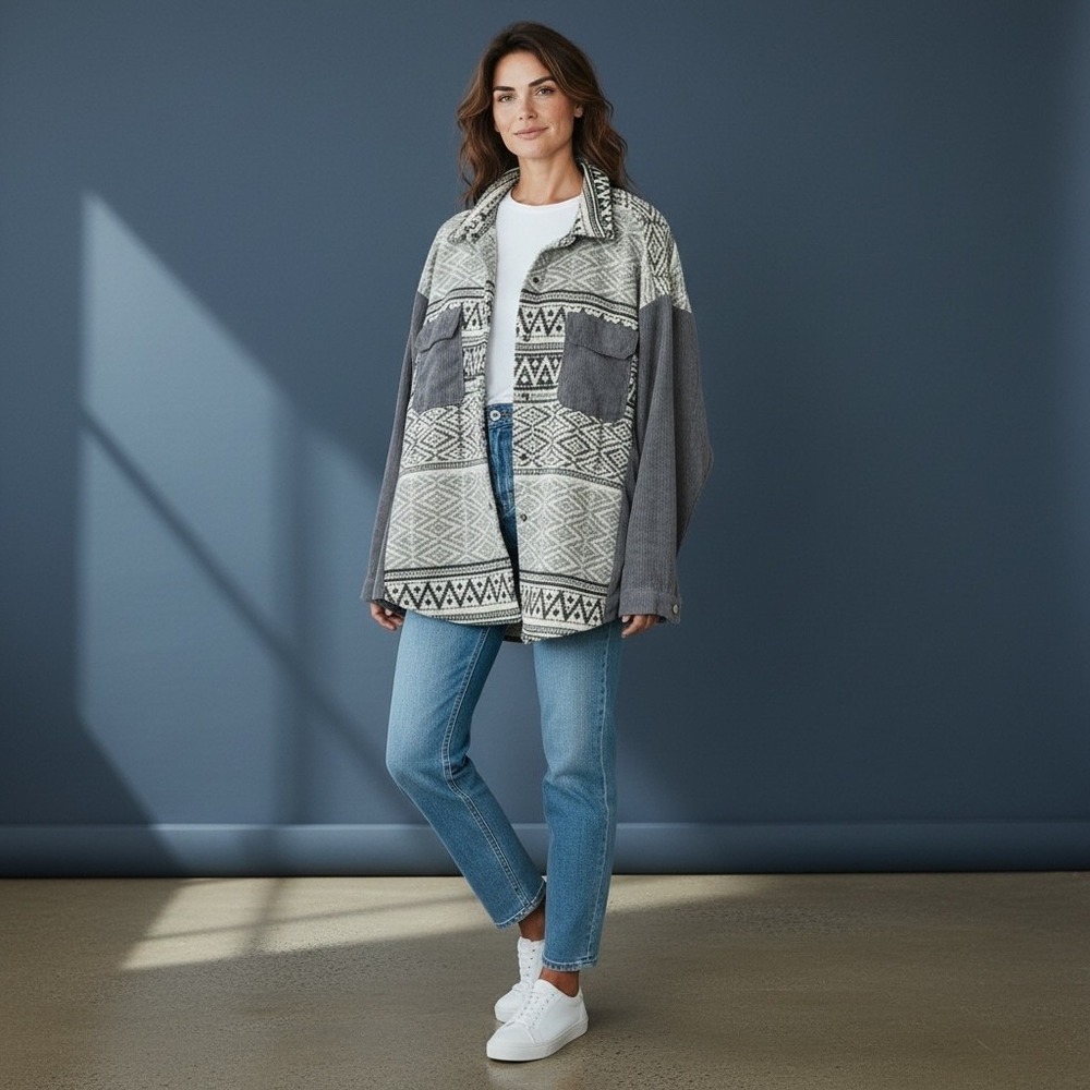 Davi & Dani Womens 1XL Grey Aztec Corduroy Mixed Media Oversized Shacket Jacket